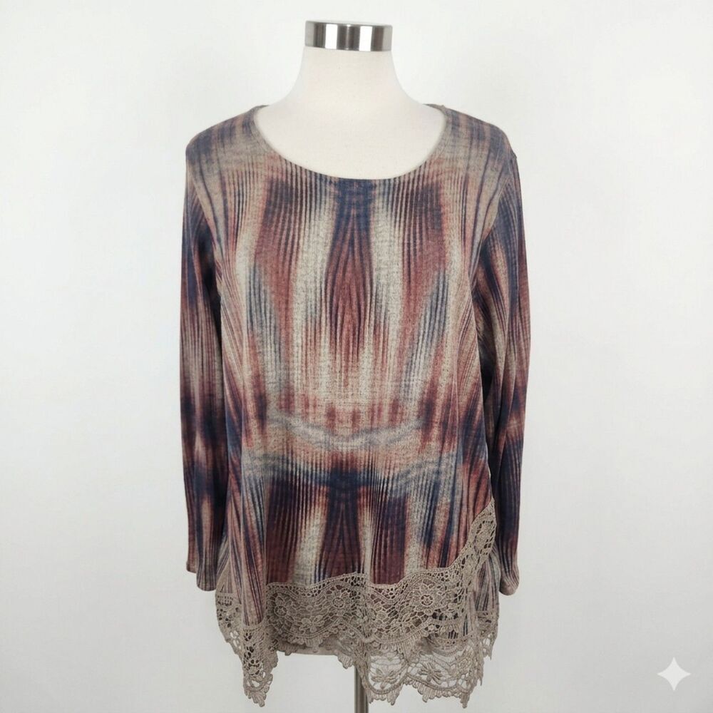 One World Womens Tunic Top 2X Brown Knit LACE Hem Pullover Long Sleeve Stretch